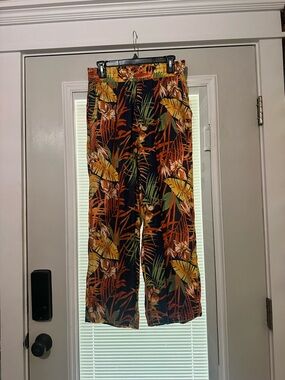 Tropical Floral Wide-Leg Pants in Navy and Orange